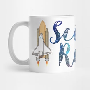 Science Rules with a Space Shuttle Rocket and Galaxies Stars in Deep Blue Space Mug